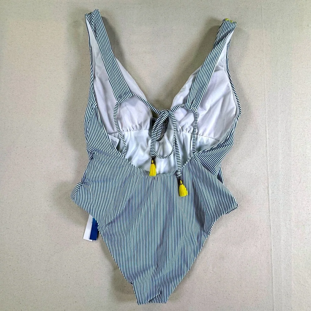 Lucky Brand Women Blue White Striped Embroidered V-Neck One Piece Swimsuit S NEW